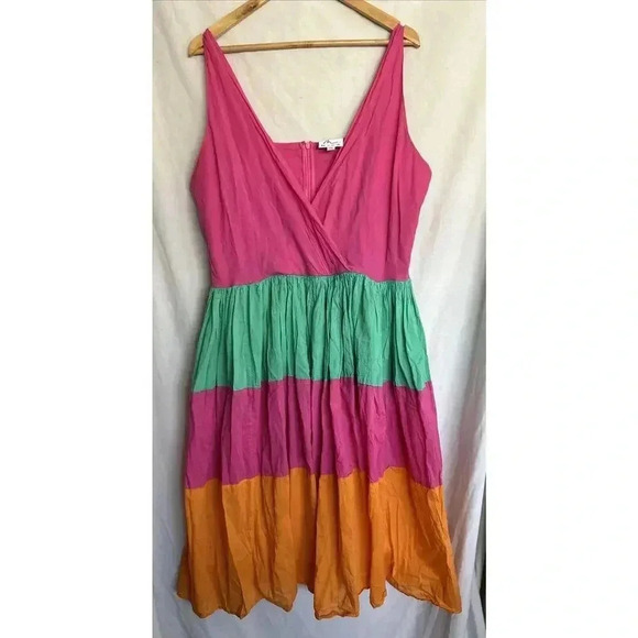 MIRA Sundress Colorful Color Block Midi Cotton Tropical Pink Women’s Size XL - Picture 1 of 9